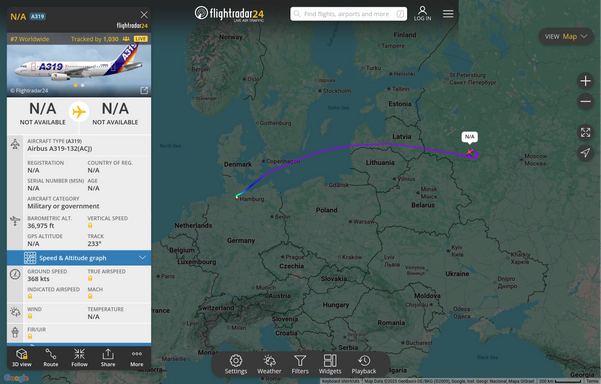 An Airbus A319-132 classified as “military or government” and with no registration or serial number indicated started from the Airbus airport in Hamburg, flew over the Baltic sea, through Latvian airspace, entered russia finally began circling halfway between the Latvian border and Moscow.
