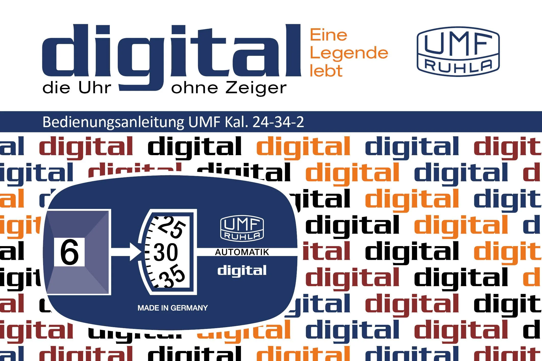Werbeprospekt einer Analoguhr, die ähn lich einer Parkscheibe aussieht. Es drehen sich Scheiben statt Zeigern und man sieht nur die Stunde und die Minute in kleinen Fensterausschnitten. Entfernt ähnelt es einer Digitaluhr und wird auch so beworben.