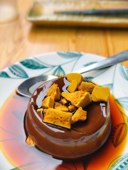 A macro shot of a caramel desert, very tasty, finishing off a Ramen meal in Taipei