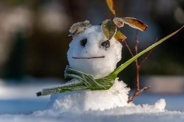 Foto eines au Schnee und Naturmaterialien voller Rauhreif geformten und freundlich wirkenden Miniatur-Schneemanns, der mit einem einem Grashalm als Schal sowie Blättern und Zweigen geschmückt ist. 
Der Hintergrund ist unscharf.