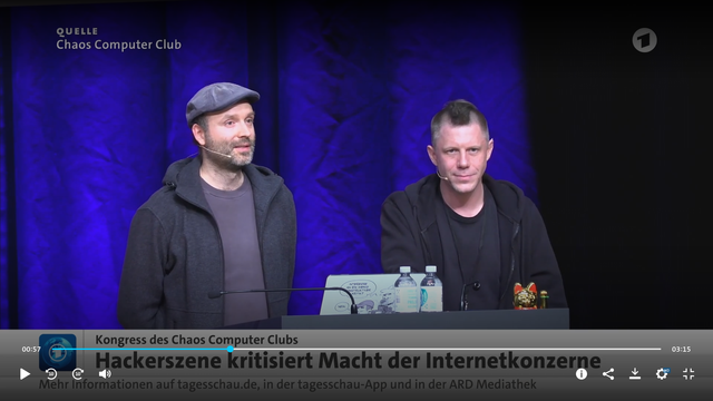Screenshot aus dem Tagesschau-Beitrag. Zu sehen sind Marc-Uwe Kling und Linus Neumann.

Bildunterschrift der Tagesschau: Hackerszene kritisiert Macht der Internetkonzerne