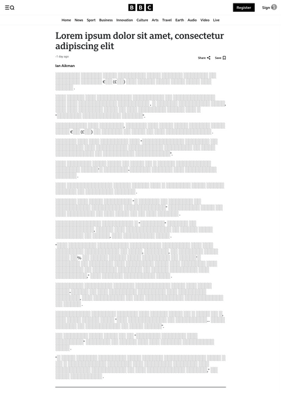 An actual article on the BBC website. The headline has been replaced with “Lorem ipsum”, and all numbers and Latin characters have been censored, so that only punctuation remains. Now, it is clearly visible that every single paragraph contains only one full stop (i.e. at each end).
