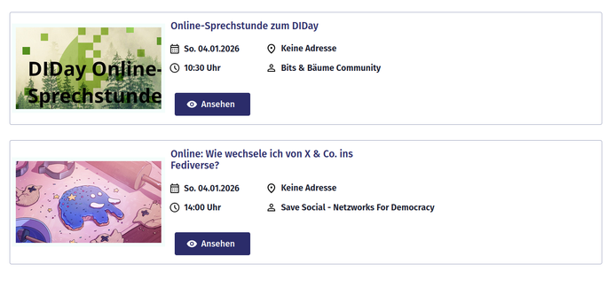 Screenshot von der Terminseite mit den beiden Termin-Blöcken (jeweils Datum (04.01.) und Uhrzeit und ein blauer "Ansehen"-Button).