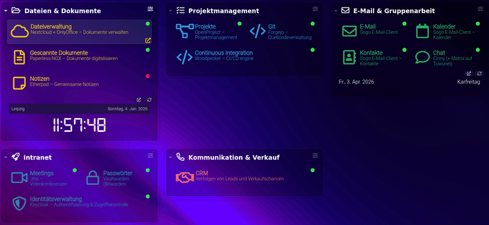 Bildschirmfoto von Dashy, welches Produktivitätstools zeigt. Sie sind organisiert in Abschnitten wie Dateien & Dokumente (Nextcloud, Paperless-NGX), Projektmanagement (OpenProject, Git), E-Mail & Gruppenarbeit (Sogo, Matrix), Intranet (Jitsi, Bitwarden) und Kommunikation & Verkauf (CRM). Dunkler lila Gradient-Hintergrund mit bunten Icons. im Hauptbereich ist eine Uhrzeit zu sehen sie zeigt: 11:57:48, Sonntag, 4. Januar 2026, Leipzig. 📊 (also Heute)