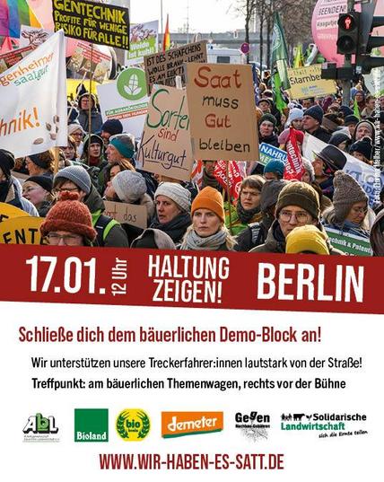 Schließe dich dem bäuerlichen Demo-Block an! Wir unterstützen unsere Treckerfahrer:innen lautstark von der Straße! Treffpunkt: am bäuerlichen Themenwagen, rechts vor der Bühne 
www.wir-haben-es-satt.de