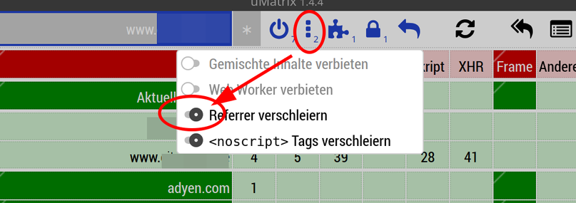 Screenshot von uBlock Origin: Unter dem Menue mit den drei Punkten befindet sich der Schalter "Referrer verschleiern". 
