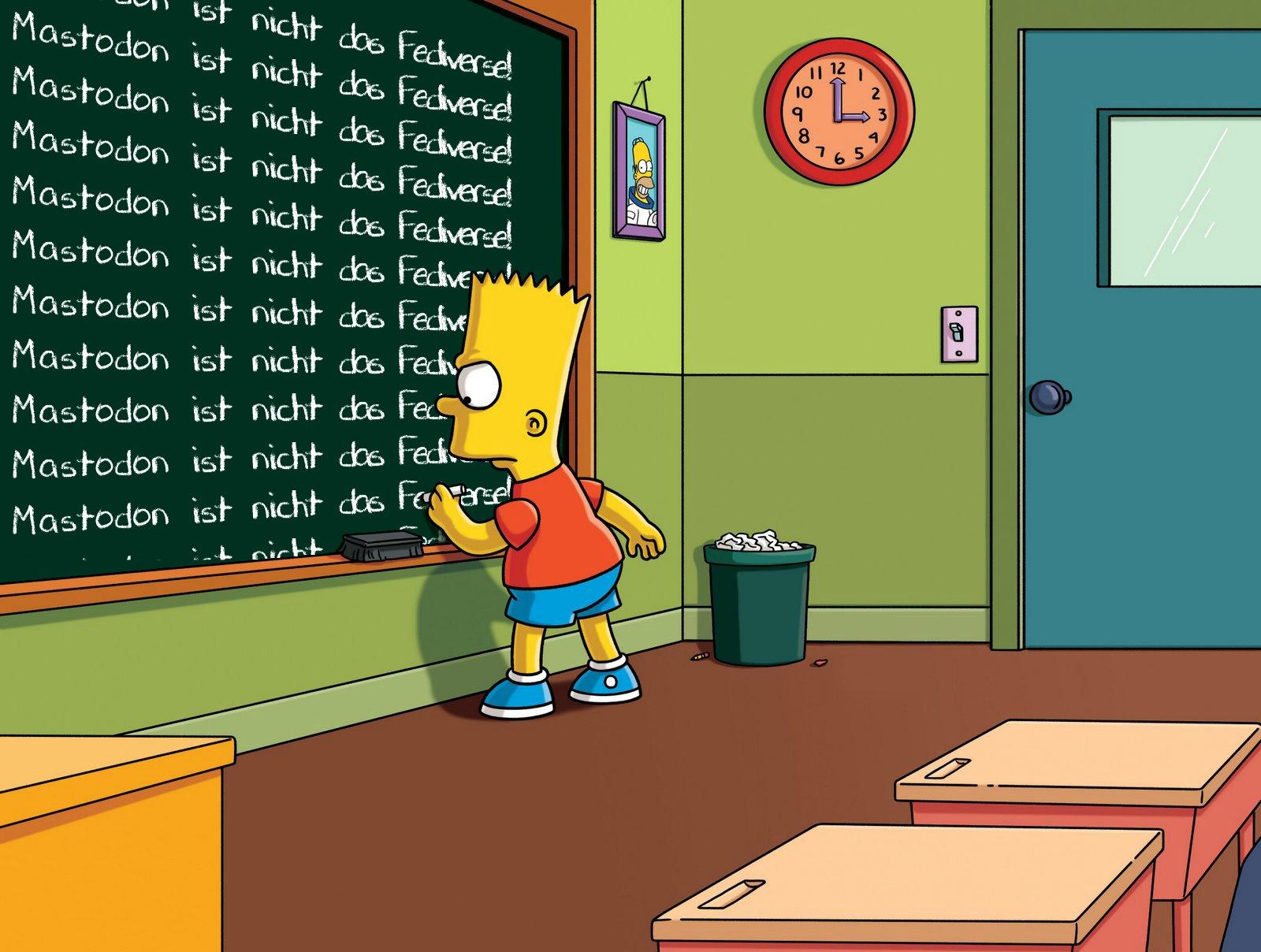 Das Bild zeigt Bart Simpson in einem Klassenzimmer, wie er als Strafe wiederholt den Satz "Mastodon ist nicht das Fediverse!" an die Tafel schreibt. Die Tafel ist fast vollständig mit diesem Satz bedeckt. Im Hintergrund sieht man eine Uhr, eine Tür und einen Mülleimer voller Papier. An der Wand hängt ein gerahmtes Bild von Homer Simpson.