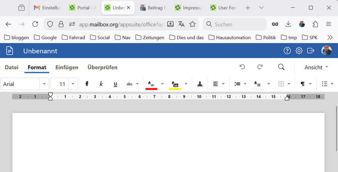 Die Oberfläche einer Textverarbeitung mit leerer Schreibfläche, welche in einem Browser aufgerufen wurde.