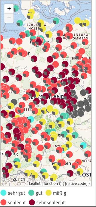 Screenshot Umweltbundesamt: lots of "very bad" air in central Germany, lots of bad air around and only some mediocre one in the south 