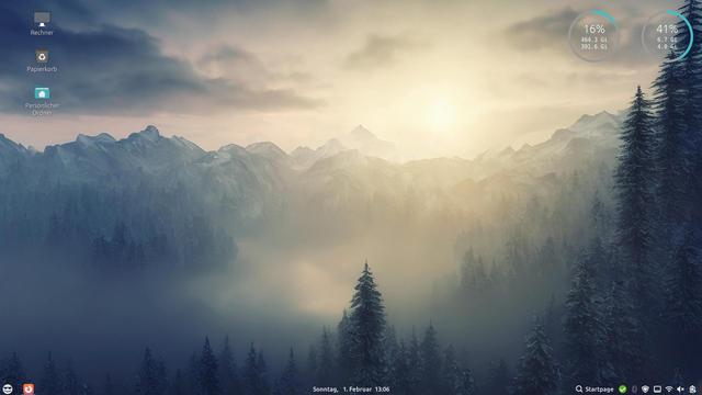 Das Bild zeigt einen Computer-Desktop mit einem malerischen Hintergrund von schneebedeckten Bergen und dichten Wäldern.

Im Detail zeigt der Desktop Icons wie "Rechner", "Papierkorb" und "Persönlicher Ordner" auf der linken Seite. Oben rechts befinden sich Informationen zur CPU- und Speicherlast, dargestellt als "16%" und "41%" zusammen mit den zugehörigen Gigabyte-Zahlen.

Der Hintergrund ist ein idyllisches Bergpanorama mit nebligen Tälern und schneebedeckten Gipfeln. Dichte Wälder aus immerg…