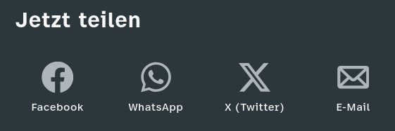 Die Grafik zeigt eine "Jetzt teilen" Option mit den Icons für Facebook, WhatsApp, X (Twitter) und E-Mail.