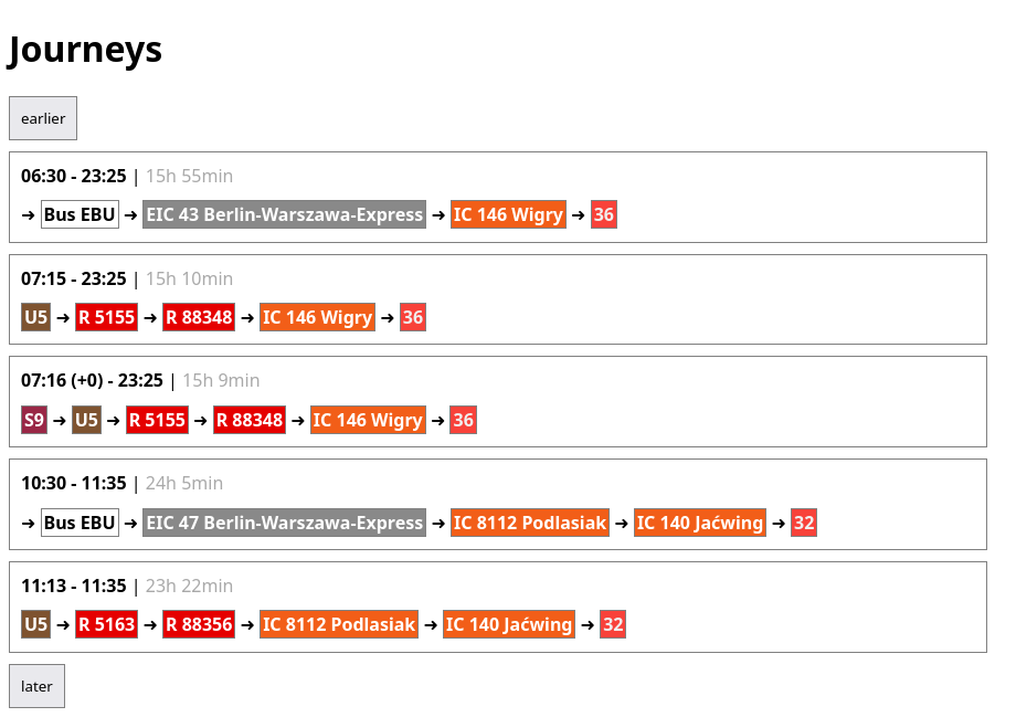 Train search results from Berlin to Vilnius, displayed in my minimalist web interface.