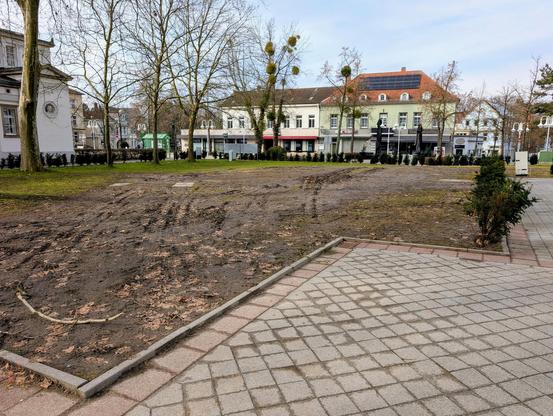 Eine Rasenfläche, umgeben von zerzausten Hecken und wintermäßig kahlen Bäumen. Der Rasen sieht aus wie ein umgepflügter Kartoffelacker