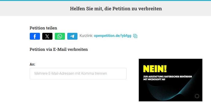Screenshot von openpetition.de, genauer von dem Teil der Seite, der dazu aufruft eine Petition weiter zu teilen. Unter "Petition teilen" sind die Logos von Facebook, X, Whatsapp und Telegram aufgeführt, dann ein Kurzlink zum Kopieren und ein Feld, um die Petition per Mail zu teilen.