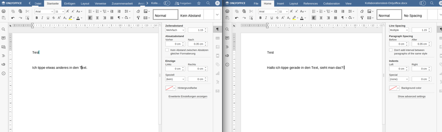 Zwei Onlyoffice-Editoren nebeneinander. Links steht ein anderer Satz als rechts, weil die zwei User jeweils etwas ins gleiche Dokument getippt haben. 