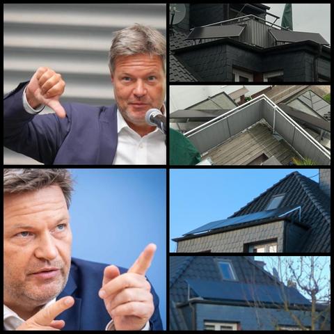 Linke Hälfte: "Drake Hotline Bling" Meme, aber mit Robert Habeck
Rechte Hälfte: Fotos von Balkonkraftwerk, 2 vs. 4 Module