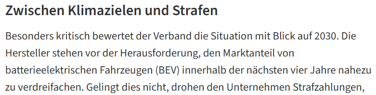 Besonders kritisch bewertet der Verband die Situation mit Blick auf 2030. Die Hersteller stehen vor der Herausforderung, den Marktanteil von batterieelektrischen Fahrzeugen (BEV) innerhalb der nächsten vier Jahre nahezu zu verdreifachen. Gelingt dies nicht, drohen den Unternehmen Strafzahlungen,