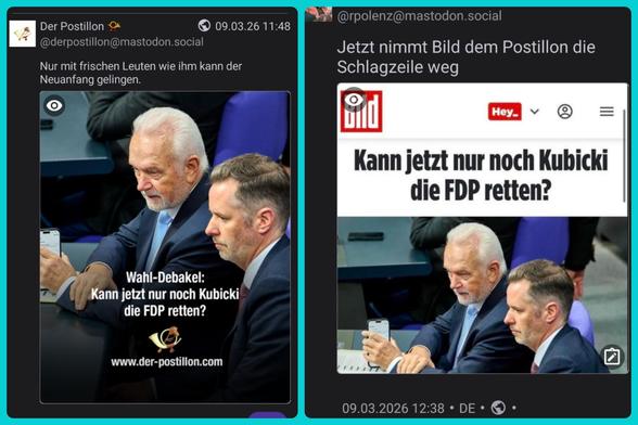 Screenshots von https://mastodon.social/@derpostillon/116198821194210965 und https://mastodon.social/@rpolenz/116199019814967508 nebeneinander
