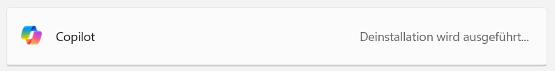 Screenshot einer Bildschirmmeldung "Copilot wird deinstalliert"