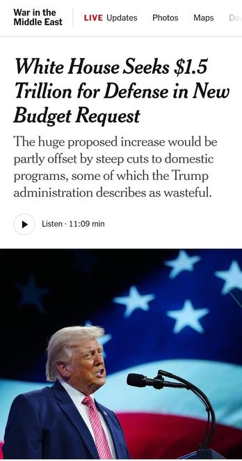 Snapshot of New York times article titled "White House Seeks 1.5Trillion for Defense in New Budget Request". It also calls out dubious waste somewhere else, of course, devaluing all things non-gold real estate 