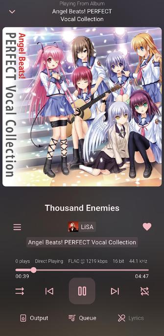'Thousand Enemies' by LiSA from the album 'Angel Beats! PERFECT Vocal Collection' playing in Finamp.