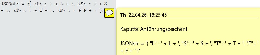 Kaputte einfache sowie doppelte Anführungszeichen von via InDesign gesetztem Quellcode, hier ein JSON-String.