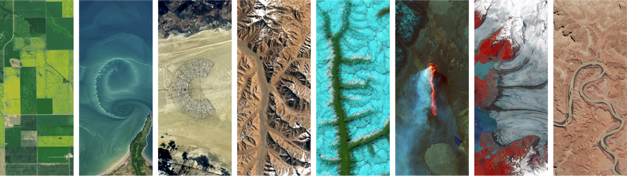 Aus verschiedenen Echt- und Falschfarb-Landsat-Satellitenbildern der NASA, die Felder, Riffe, Gebirge oder Flüsse zeigen und jeweils einem Buchstaben ähneln, wurde der Schriftzug „Leck Eier“ kreiert.