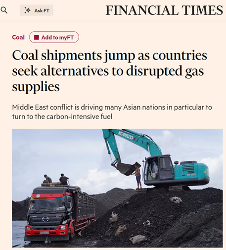 Cover image of an article of the Financial times: Coal shipments jumps as countries seek alternatives to disrupted gas supplies. A digger below