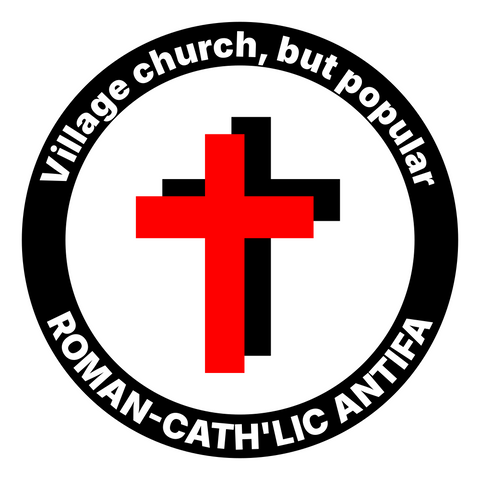 Antifa-themed logo with a red and a black crucifix and the slogan: “Village church, but popular: Roman-Cath'lic Antifa”
