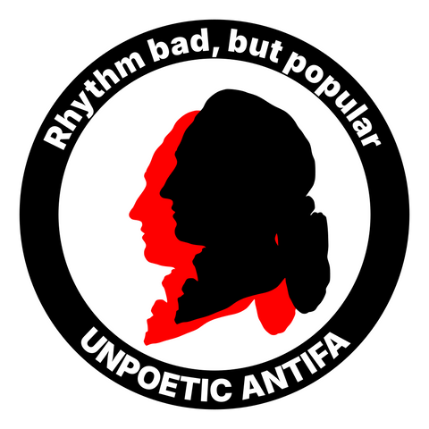 Antifa-themed logo with the silhouette of the famous German poet Goethe, in black and in red. The slogan on the outline reads: “Rhythm bad, but popular: unpoetic Anifa”.