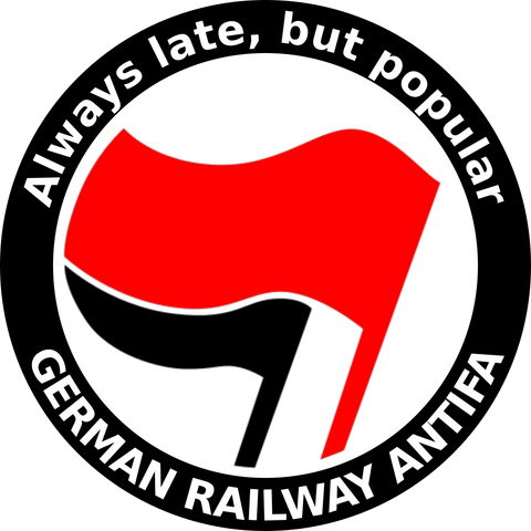 Antifa logo with the slogan: “Always late, but popular: German Railway Antifa”