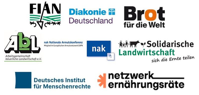 Diese Organisationen haben ein Zeichen für Ernährungsgerechtigkeit gesetzt: FIAN, Diakonie, Brot für die Welt, Arbeitsgemeinschaft bäuerlichr Landwirtschaft, nak, Netzwerk Solidarische Landwirtschaft, Deutsches Institut ü Menschenrechte, netzwerk Ernährungsräte