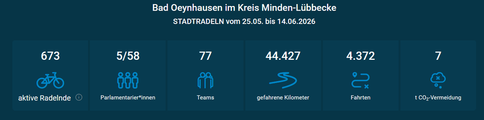 Screenshot der Übersichtsrubrik einer Kommune beim Stadtradeln. Es sind 5 von 58 Ratsmitgliedern aktiv.