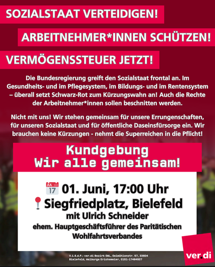 Aufruf der ver.di zur Demo am 01.06.2026, 17:00 Uhr, Siegfriedplatz, Bielefeld