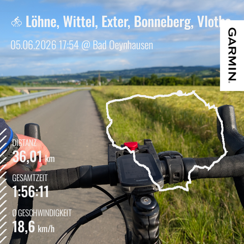 Im Vordergrund ist ein Dropbar-Lenker mit einer Hand am Lenker zu sehen. Das Fahrrad steht auf einem asphaltierten Weg im Hintergrund sind grüne Hügel zu sehen.