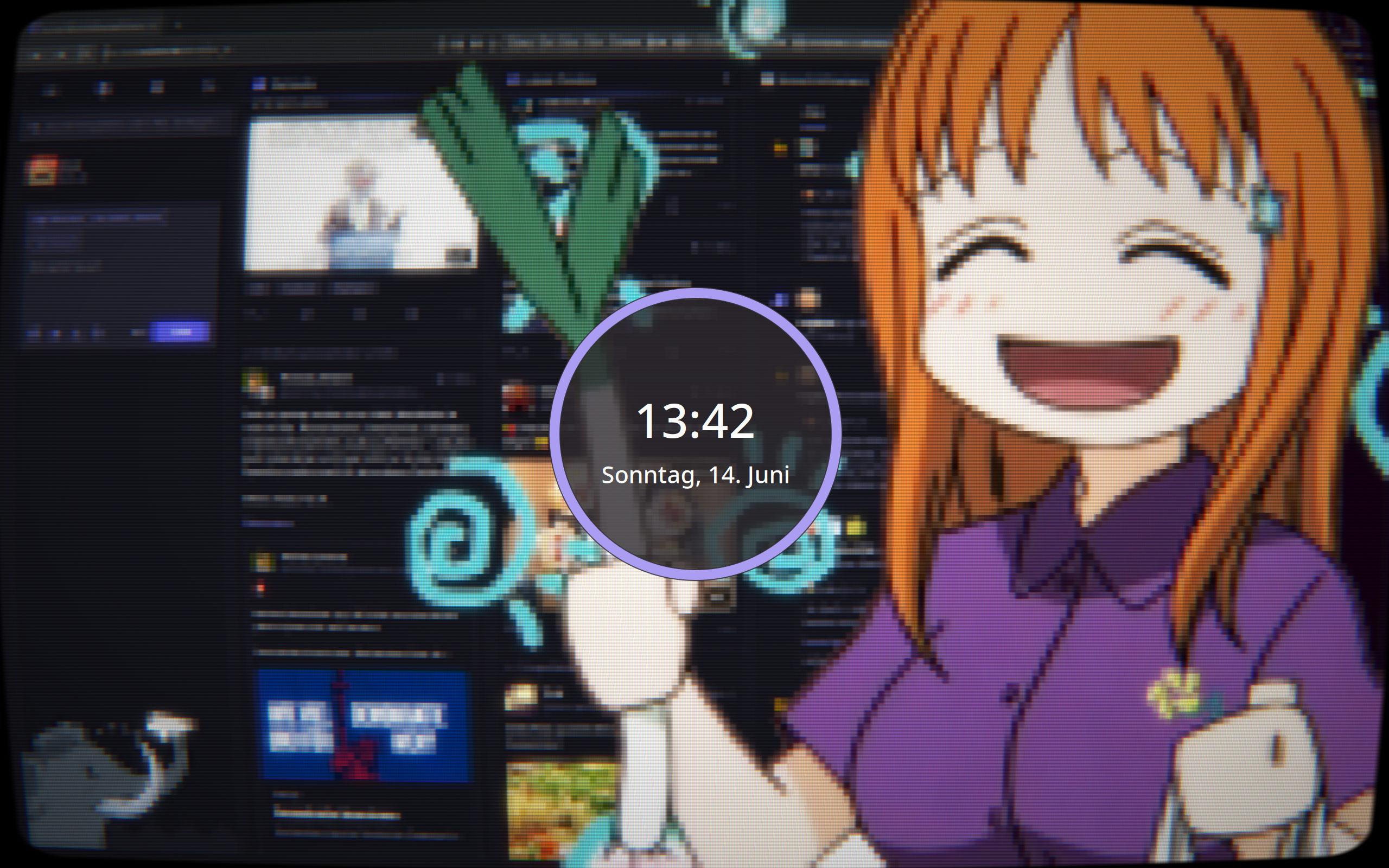 Ein Sperrbildschirm im Retro-Röhrenmonitor-Look: leicht gewölbtes Bild mit Scanlines, Farbsäumen und abgerundeten Ecken wie auf einem alten CRT-Monitor oder Fernseher. 
Rechts ein lachendes Anime-Mädchen mit orangefarbenen Haaren und lila Hemd, das einen Lauch (Leek) in der Hand hält. Links im Hintergrund die mehrspaltige Mastodon-Oberfläche im Dark Mode mit diversen Timeline-/Chat-Spalten. 
In der Bildmitte ein türkiser Kreis-Indikator mit der Uhrzeit "13:42" und dem Datum "Sonntag, 14. Juni"