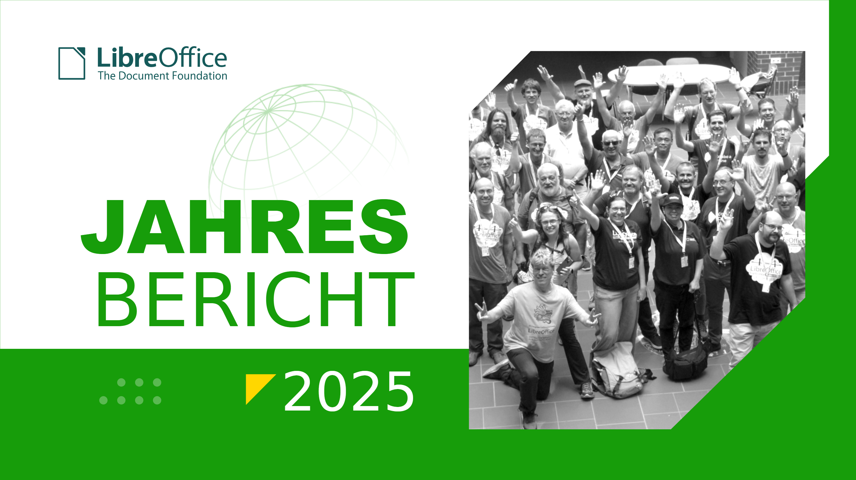 Banner für den Jahresbericht 2025 mit Gruppenfoto von der LibreOffice-Konferenz.