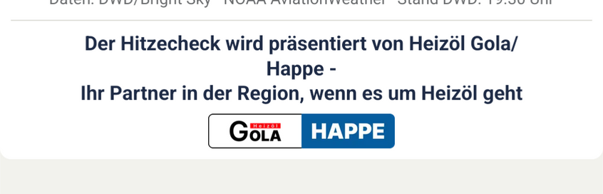 Screenshot von der Webseite der Ruhrnachrichten: "Dieser Hitzecheck wird ihnen präsentiert von Heizöl Gola"