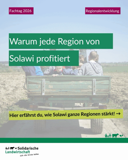 Warum jede Region von Solawi profitiert. Hier erfährst du, wie Solawi ganze Regionen stärkt.  Deine Region braucht eine
Solawi, weil sie mehr ist als ein landwirtschaftlicher Betrieb. 
Solawis verbinden Menschen, stärken regionale Wirtschaftskreisläufe und schaffen Orte für Austausch, Lernen und Gemeinschaft. Wie stärkt Solawi eine Region? Sie stärkt regionale Wirtschaftskreisläufe, verkürzt Versorgungswege, schafft Lern- und Begegnungsorte, fördert Austausch und Zusammenarbeit in der Region.
W…