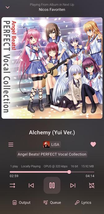 'Alchemy (Yui Ver.)' by 'Lisa' from the album 'Angel Beats! Perfect Vocal Collection' playing in Finamp.
