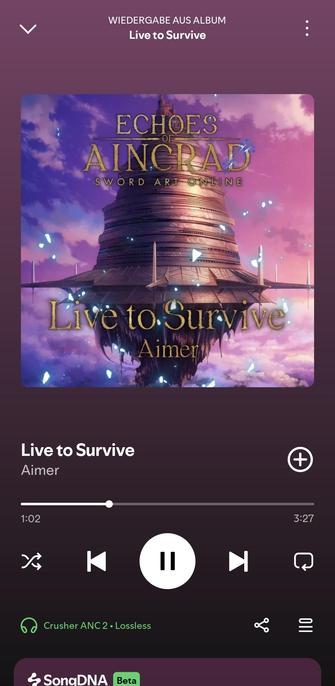 'Live to Survive' by 'Aimer' from the soundtrack of 'Sword Art Online Echoes of Aincrad' playing in Spotify.