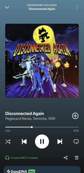 'Disconnected Again' by 'Pegboard Nerds, Teminite and VGR' playing in Spotify.