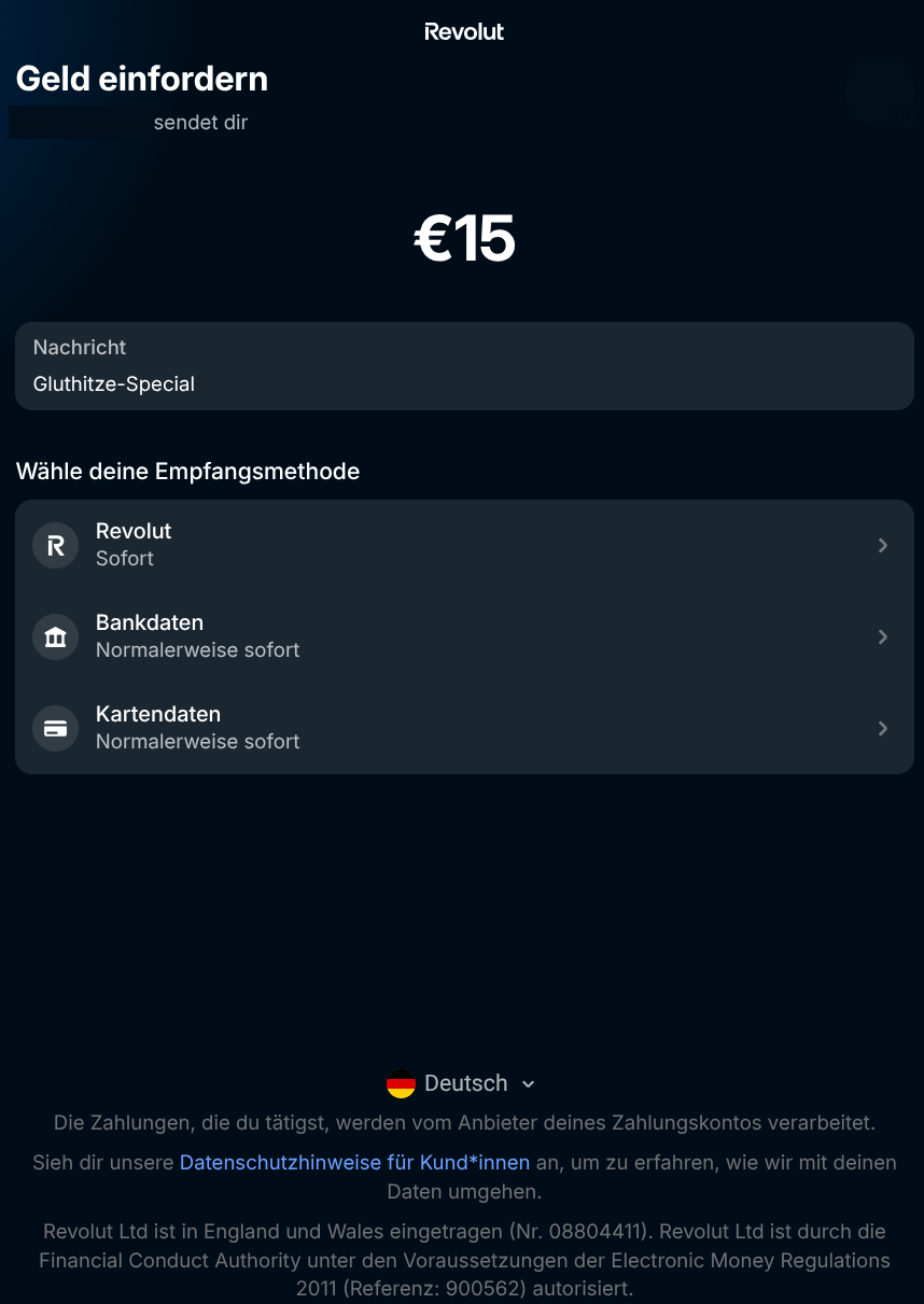 Zahlungseingang einer Spende - anschließend muss man manuell Bankdaten oder andere Daten hinterlegen, um diese zu empfangen.