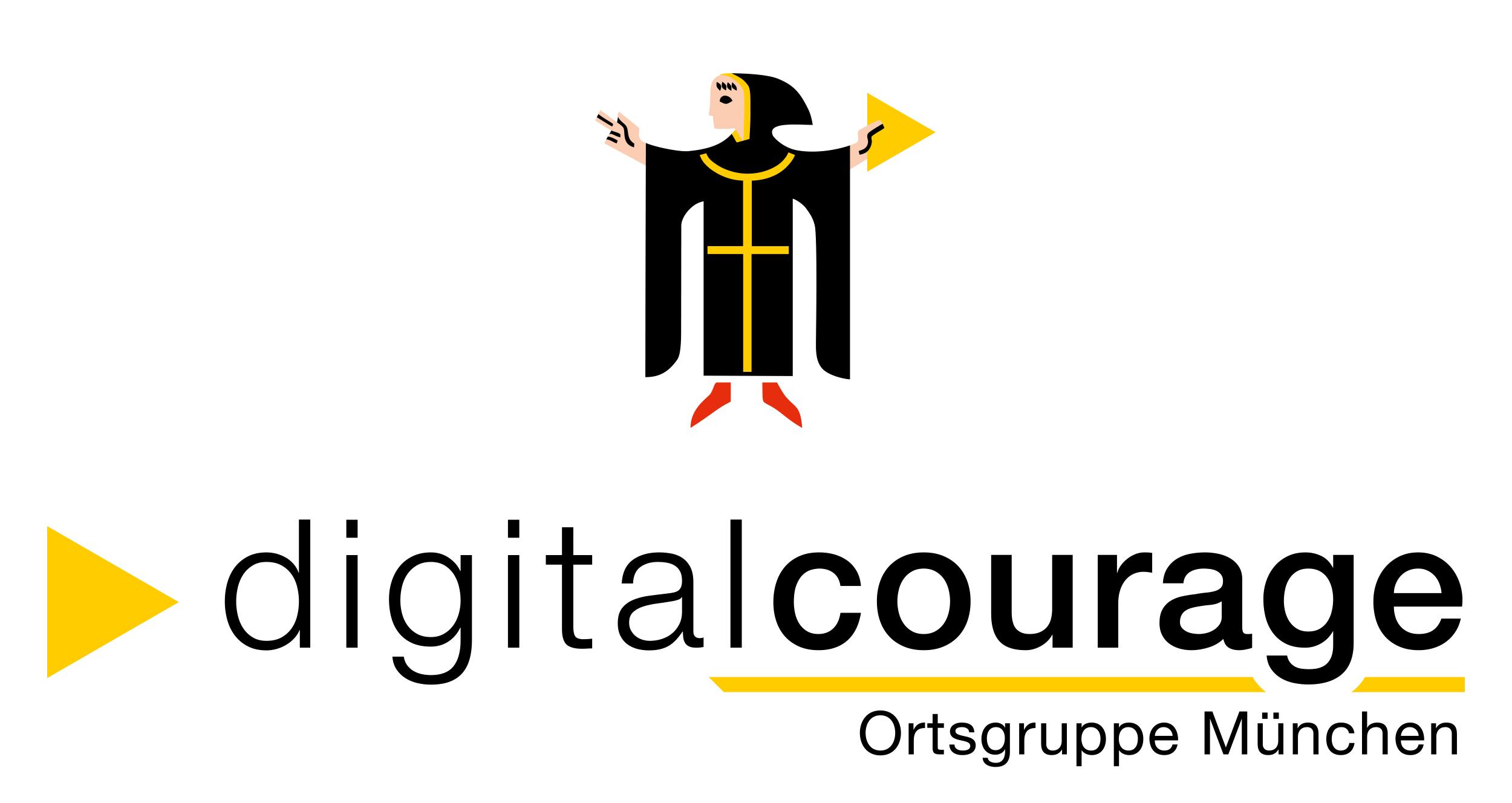 Münchner Kindl, das in seiner linken Hand das gelbe Dreieck von Digitalcourage hält.

Text darunter:
digitalcourage
Ortsgruppe München