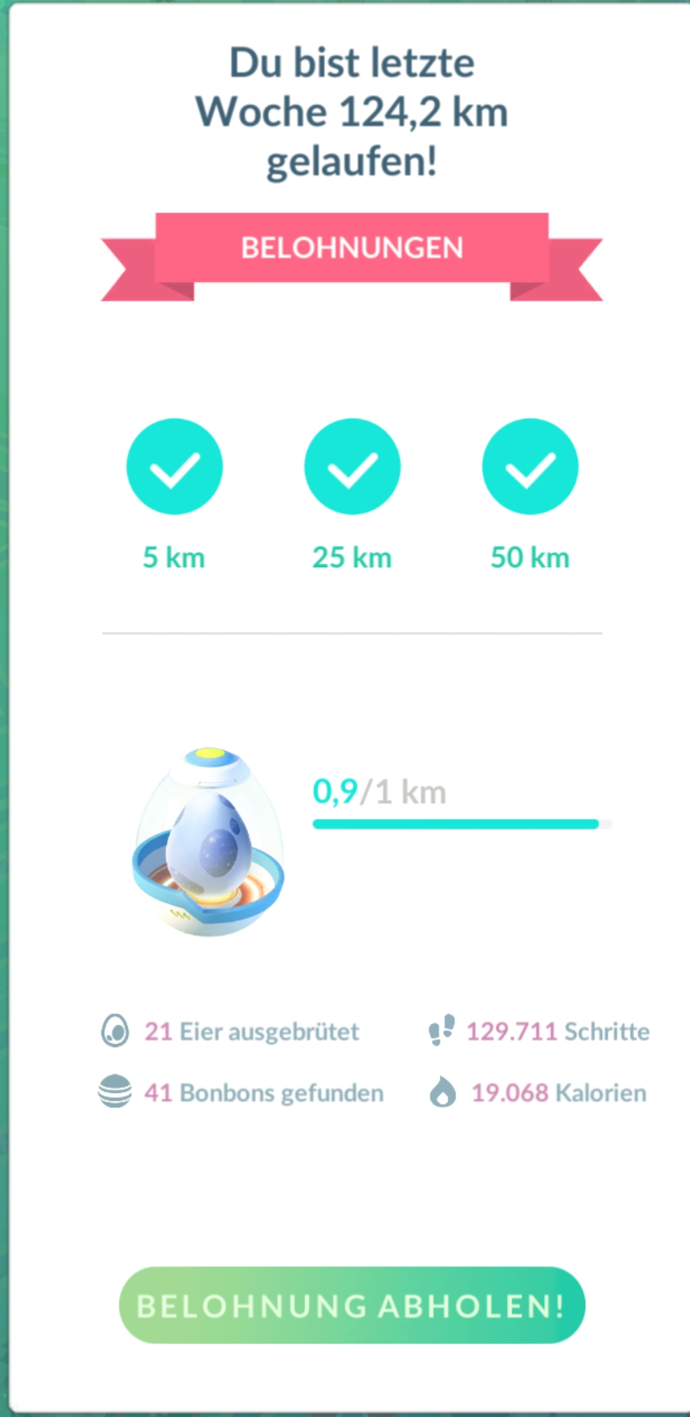 pokemon go screenshot der abenteuer-sync-belohnungen - du bist letzte woche 124,2 km km gelaufen!
21 eier ausgebrütet | 129.711 schritte | 41 bonbons gefunden | 19.068 kalorien