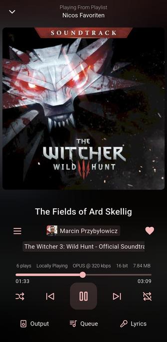 'The Fields of Ard Skellig' by 'Marcin Przybyłowicz' from the soundtrack of 'The Witcher 3: Wild Hunt' playing in Finamp.