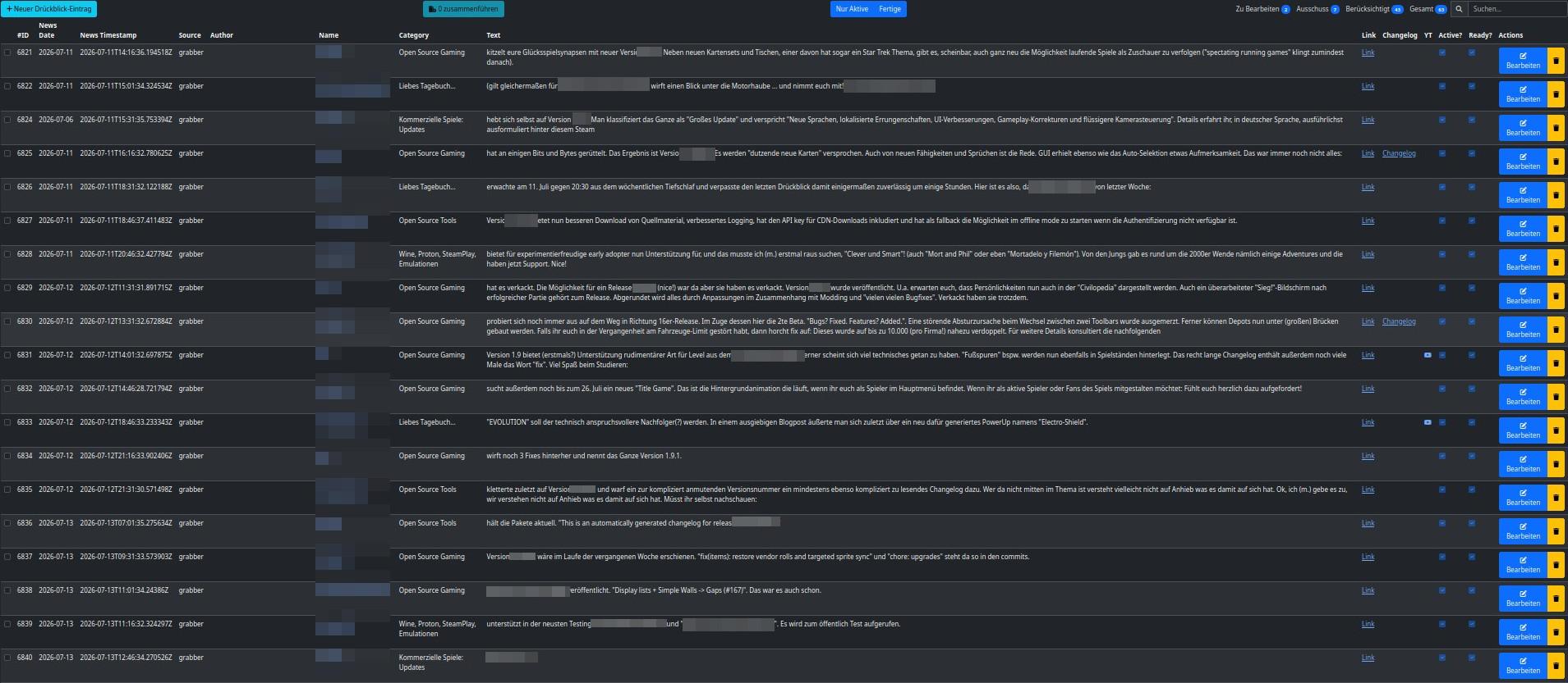 Ein Screenshot des kommenden Drückblick innerhalb der Bearbeitungs-API von Holarse mit vielen Zeilen.