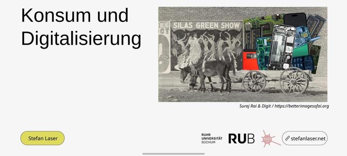 Die Titelfolie des Talks mit Kunst von betterimagesofai.com. Ein Esel zieht einen Karren voller (alter) elektronischer Geräte. Im Hintergrund, alles außer die Devices sind in Sepia gehalten, ist ein Großplakat mit Silas Green Show als Titel zu sehen. Digitale Technologie ist viel Show um wenig Fortschritt.