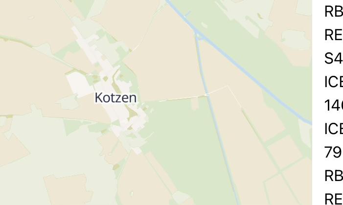Screenshot from website bahn.jetzt showing a village in Brandenburg named “Kotzen” (German for “vomit”, or rather “puke”).