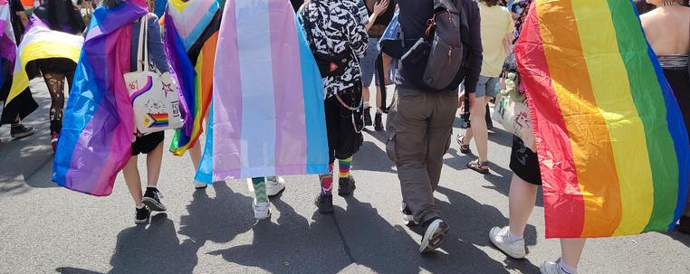 Die Rücken von Menschen auf der Pride Parade mit verschiedenen Flaggen.